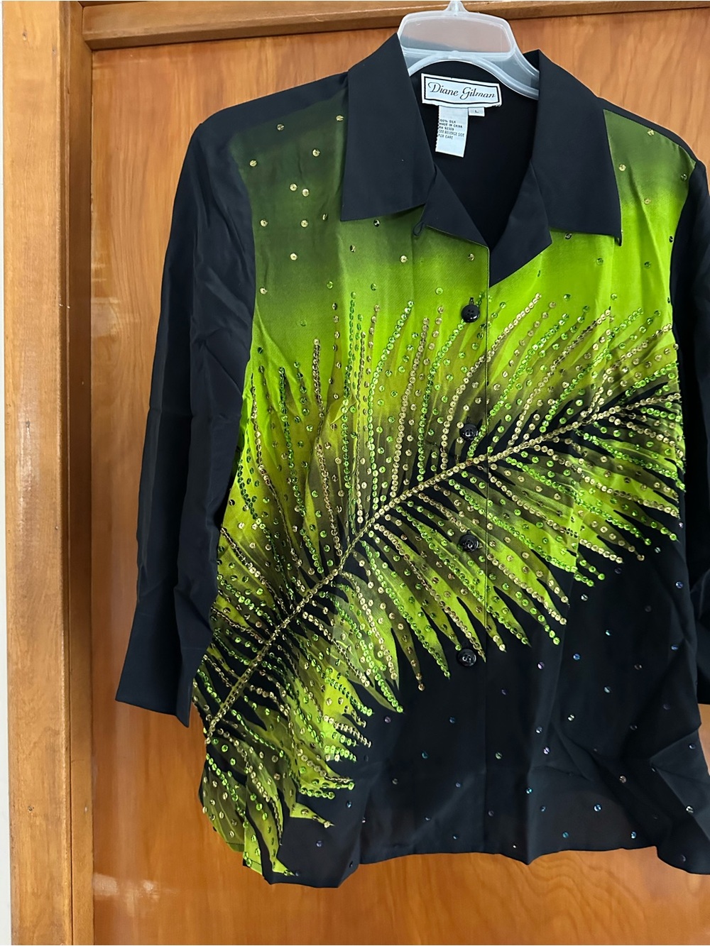 Diane Gilman 100% Silk Sequin Palm Blouse L NWOT